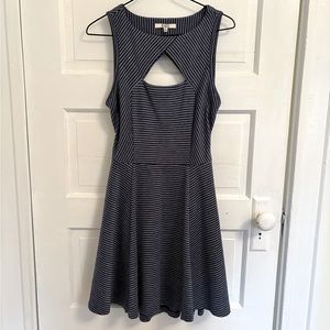 blue and white striped/patterned dress with small cutout at chest